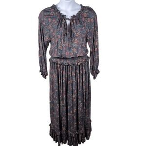 The Fox and The Mermaid Amankila Paisley Ruffle Hem‎ Maxi Dress Gray Blue L XL